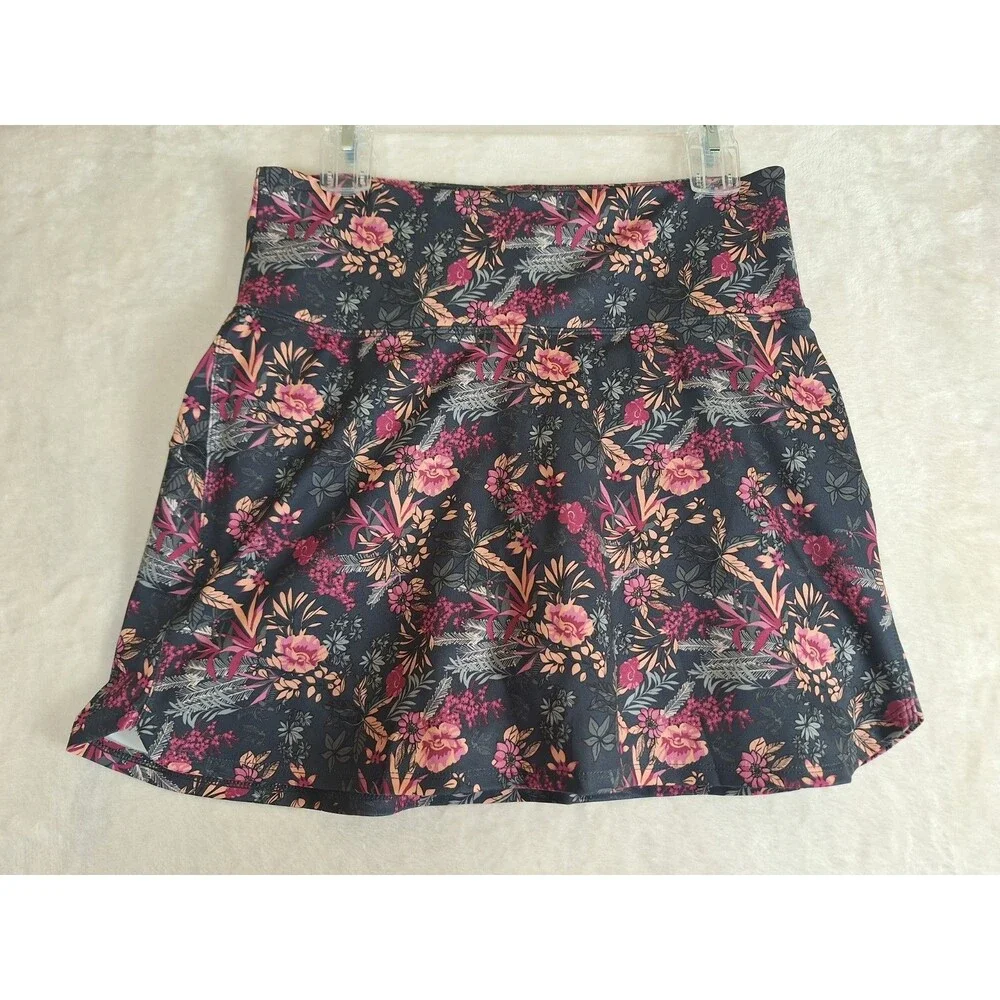 MARIKA Athletic Tennis Golf Skort Womens Large Black Pink Floral Stretch Mini